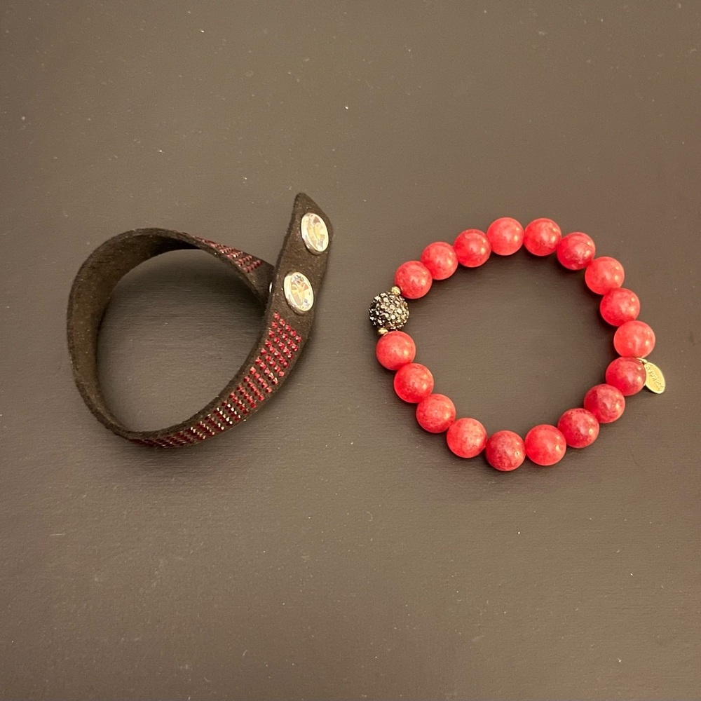 Express Red Beaded Bracelet and Black Snap Bracelet Set